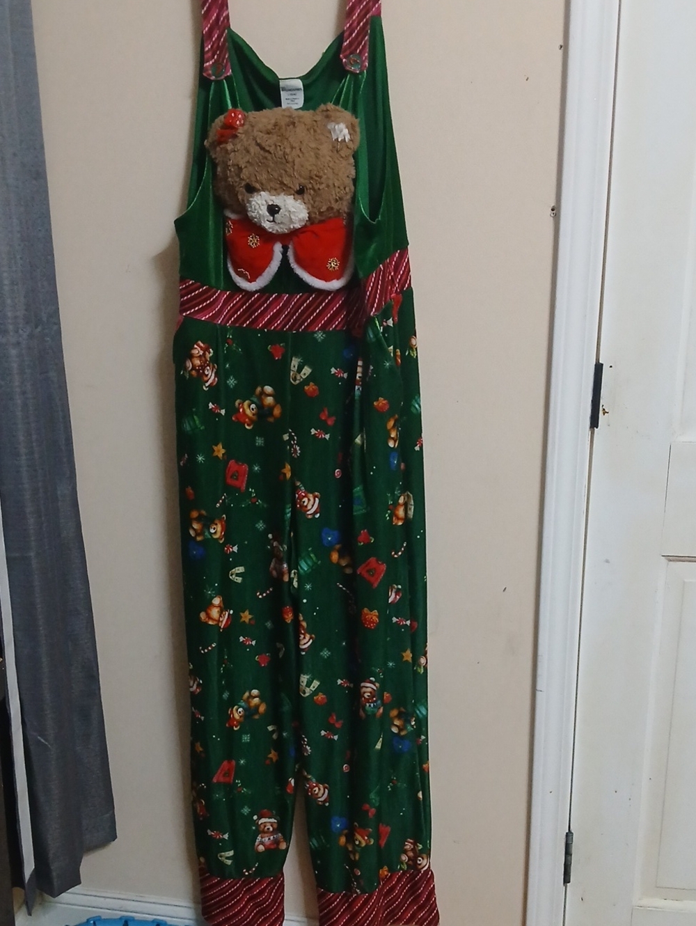 No Boundaries Green Plush Teddy Bear Holiday Jumpsuit with Red Trim
